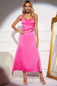 New Ladies Fashion Dress Pink Satin Backless Sleeveless Midi Dress, Ankle Length Spaghetti Sleeve Cocktail Dress