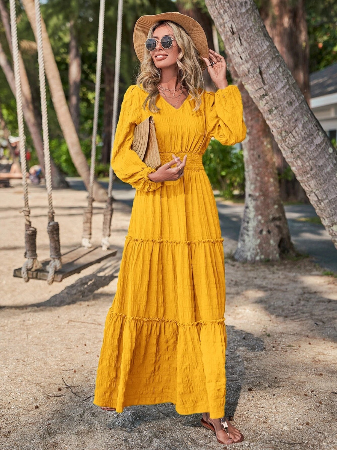 Smocked Waist V-Neck Maxi Dress