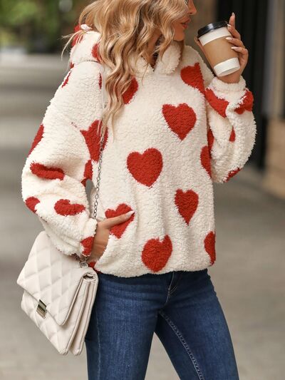 Fuzzy Heart Pocketed Dropped Shoulder Fashion Sweater Hoodie