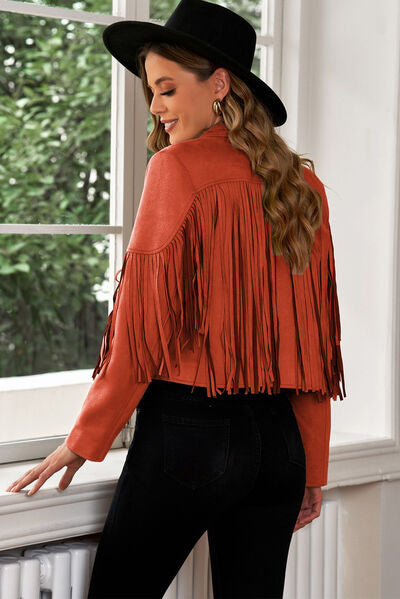 KESLEY Fringe Jacket Trim Lapel Collar Cropped Blazer Cowboy Boho Style Tassel-fringe Coat