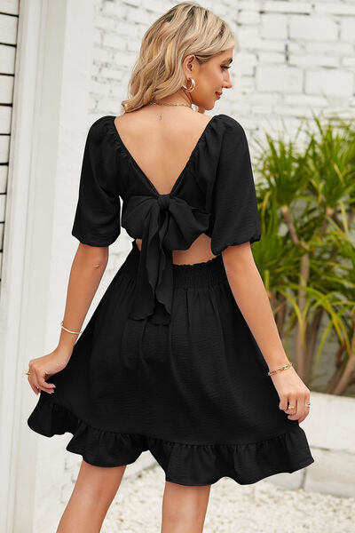 Women's Casual Sundress Backless Ruched Ruffle Hem Short Sleeve Dress