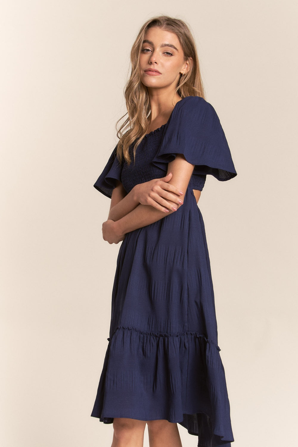 Navy Blue Dress Women's Fashion Casual Backless Short Sleeve Smocked Bow Back Ruffle Hem Dress KESLEY