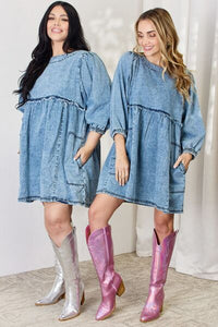 Women’s Oversized Denim Long Sleeve Babydoll Dress Full Size