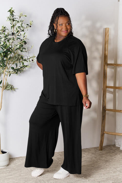 Double Take Full Size Round Neck Slit Top and Pants Set Loungewear T shirt and bottoms included