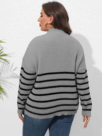 Plus Size Zip-Up Striped Sweater with heart print