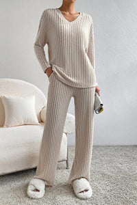 Women's comfortable Loungewear Set Pajamas  Ribbed V-Neck Top and Pants Set