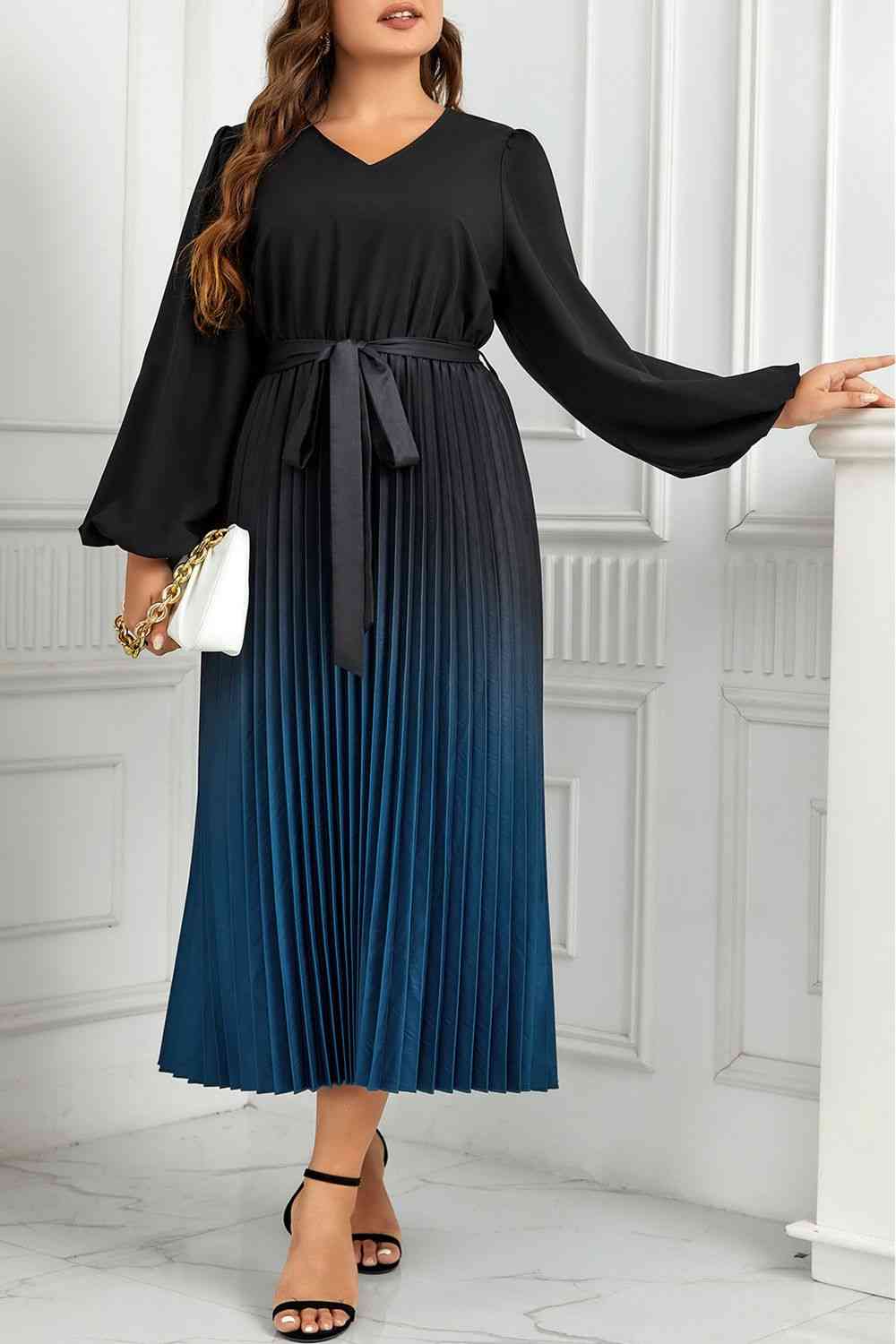 Womens Plus Size Dress Black and Blue  V-Neck Long Sleeve Pleated Tie Waist Midi Dress