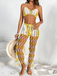 Crochet Two Piece Outfit Set Swimsuit Cover Up Cutout Halter Neck Crop Top and Pants Two-Piece Swim Set