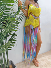 Swimsuit Cover-Up Dress Fringe Scoop Neck Spaghetti Strap Women's Crochet bikini Cover-Up