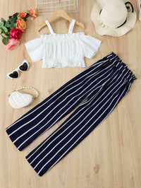 Frill Trim Cropped Top and Striped Pants Set Girl Kids Fashion