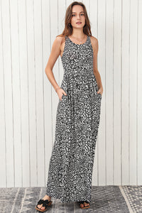 Leopard Round Neck Sleeveless Casual Maxi Dress