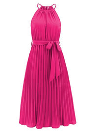 Pleated Spaghetti Strap Tie Waist Midi Dress New womens fashion Party dresses