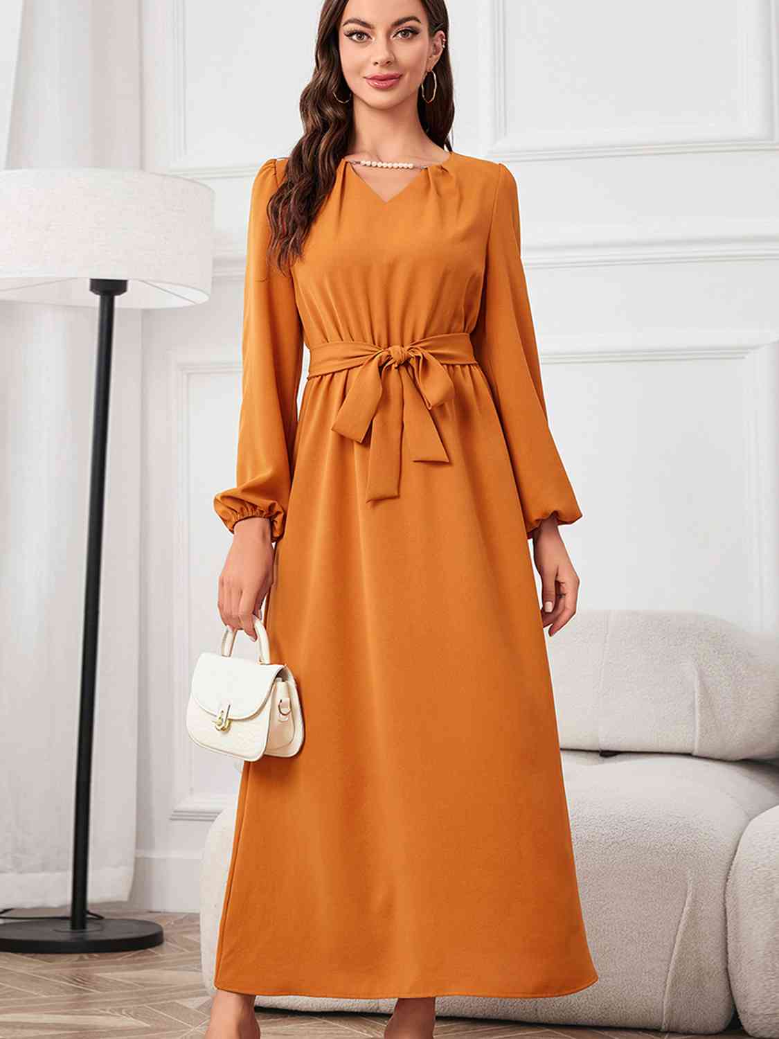 Women's Tie Waist Puff Sleeve Maxi Dress