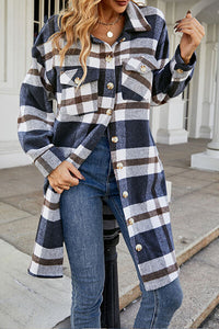 Plaid Button Up Collared Neck Coat Jacket Long Sleeve Button Down Shirt with Pockets