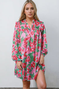 Floral Notched Neck Long Sleeve Dress