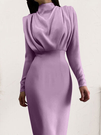 Womens Mock Neck Ruched Turtleneck Long Sleeve Midi Dress