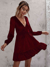 Plunge Long Sleeve Ruffle Hem Velvet Dress