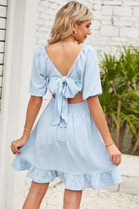 Women's Casual Sundress Backless Ruched Ruffle Hem Short Sleeve Dress