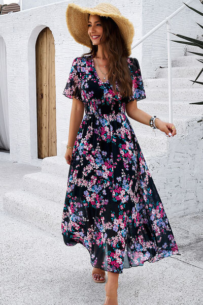 Smocked Floral V-Neck Short Sleeve Midi Dress New Womens Fashion