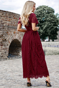 Casual Long Dress Women’s Fashion Scalloped Trim Lace Short Sleeve Plunge Maxi Dress