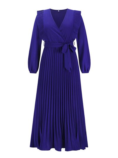 Long Sleeve Maxi Dress Pleated Surplice Waist Tie Midi