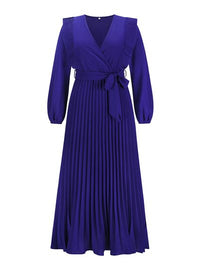 Long Sleeve Maxi Dress Pleated Surplice Waist Tie Midi