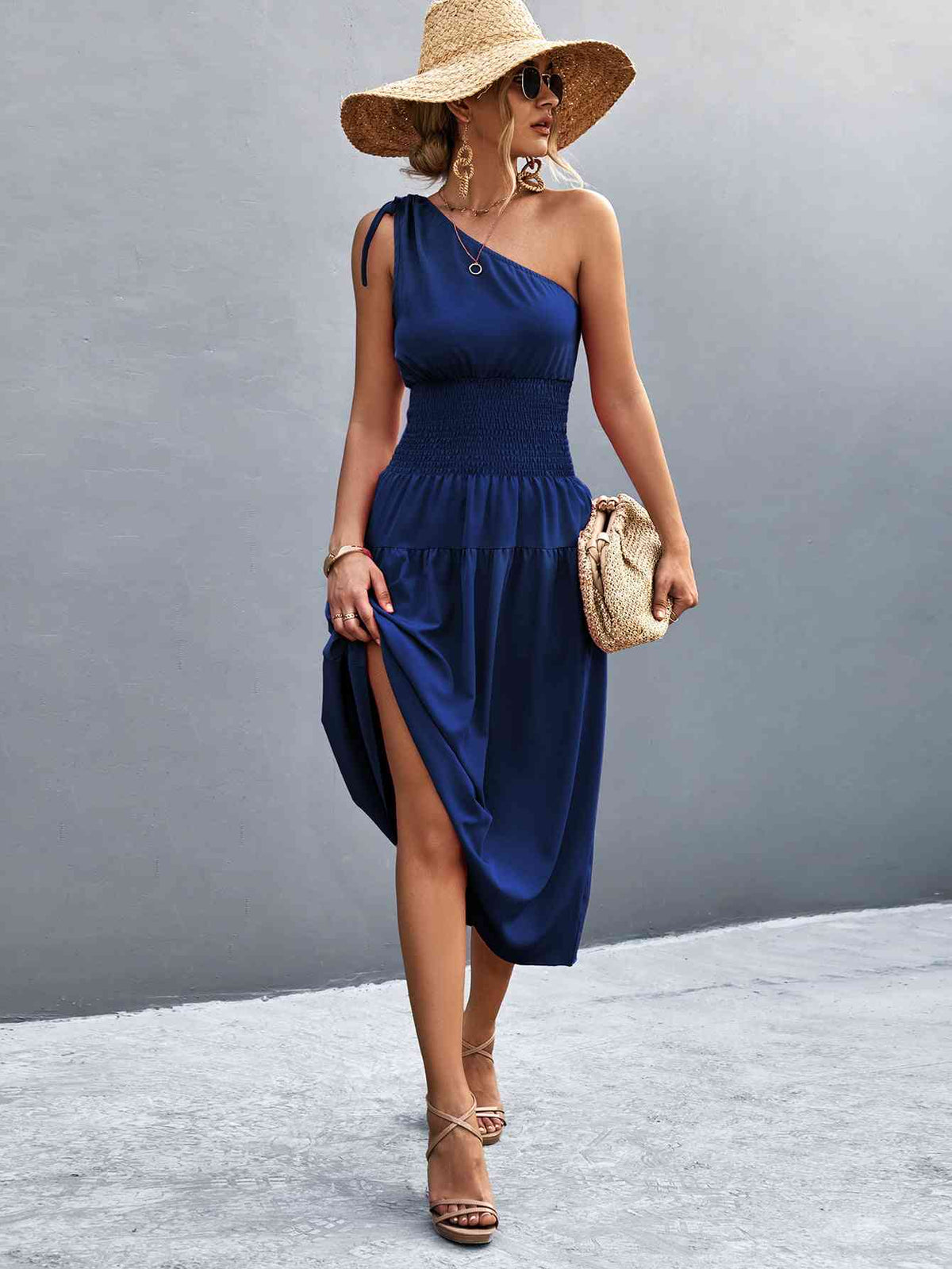 Women's Casual Maxi Dress Asymmetrical One Shoulder Smocked Waist Midi Dress