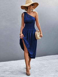 Women's Casual Maxi Dress Asymmetrical One Shoulder Smocked Waist Midi Dress