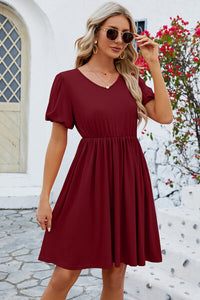 Womens V-Neck Balloon Short Sleeve Dress