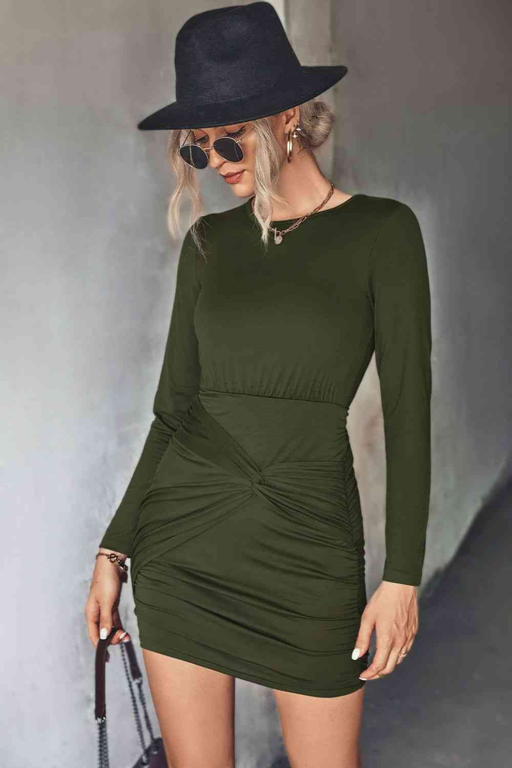 Casual Twist Front Ruched Long Sleeve Mini Dress Women's Fashion Tight Short Dress Casual Wear