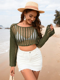 Crochet Crop Top Sweater Openwork Boat Neck Long Sleeve Bikini Cover-Up Top KESLEY