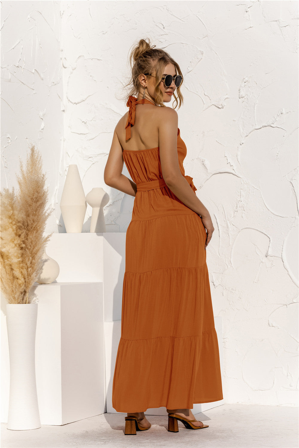 New Women’s Long Dress Halter Neck Tie Waist Tiered Holiday Vacation Flowy Maxi Dress