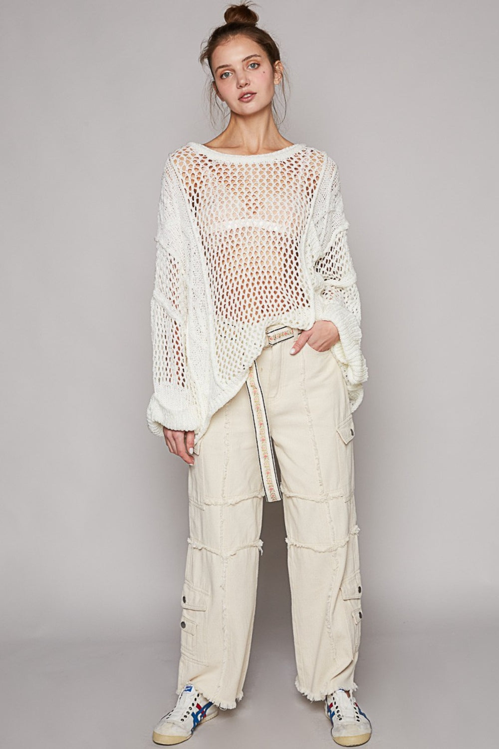 White Crochet Openwork Long Sleeve Knit Cover Up