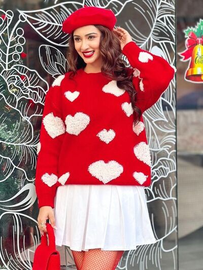 Heart Print Sweater Round Neck Dropped Shoulder Valentines Sweaters