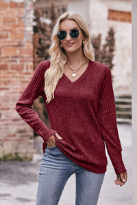 Double Take V-Neck Long Sleeve Ribbed Top