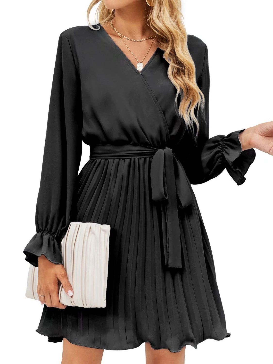 Long Sleeve Short Dress Women's Fashion Surplice Flounce Sleeve Pleated Mini Dress KESLEY