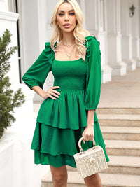 Ruffle Skirt Dress Off The Shoulder Casual Women's Fashion Smocked Elastic Waist Square Neck Layered Dress