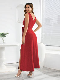 Event Elegant Slit Surplice Tie Waist Sleeveless Midi Maxi Dress