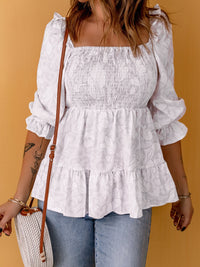 White Ruffle Long Sleeve Top Women's Fashion Smocked Square Neck Flounce Sleeve Blouse