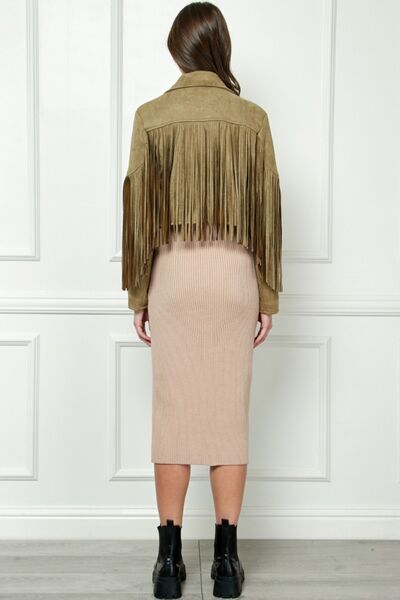 KESLEY Suede Fringe Long Sleeve Moto Jacket