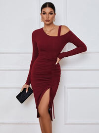 KESLEY Off the Shoulder Ribbed Ruched Drawstring Wrap Slit Long Sleeve Dress