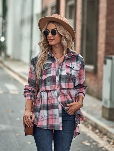 Plaid Button Up Dropped Shoulder Long Sleeve Shirt