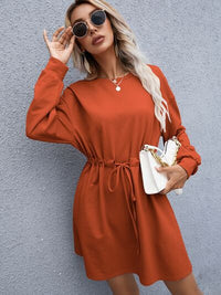 Womens Casual Drawstring Round Neck Dropped Shoulder Mini Dress