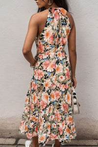 Floral Printed Tiered Pocketed Mock Neck Midi Maxi Dress