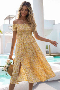 Women's Pastel Yellow Boho Floral Off-Shoulder Split Midi Dress