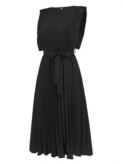 Round Neck Tie -Waist Pleated Short Sleeve Midi Dress Womens Fashion