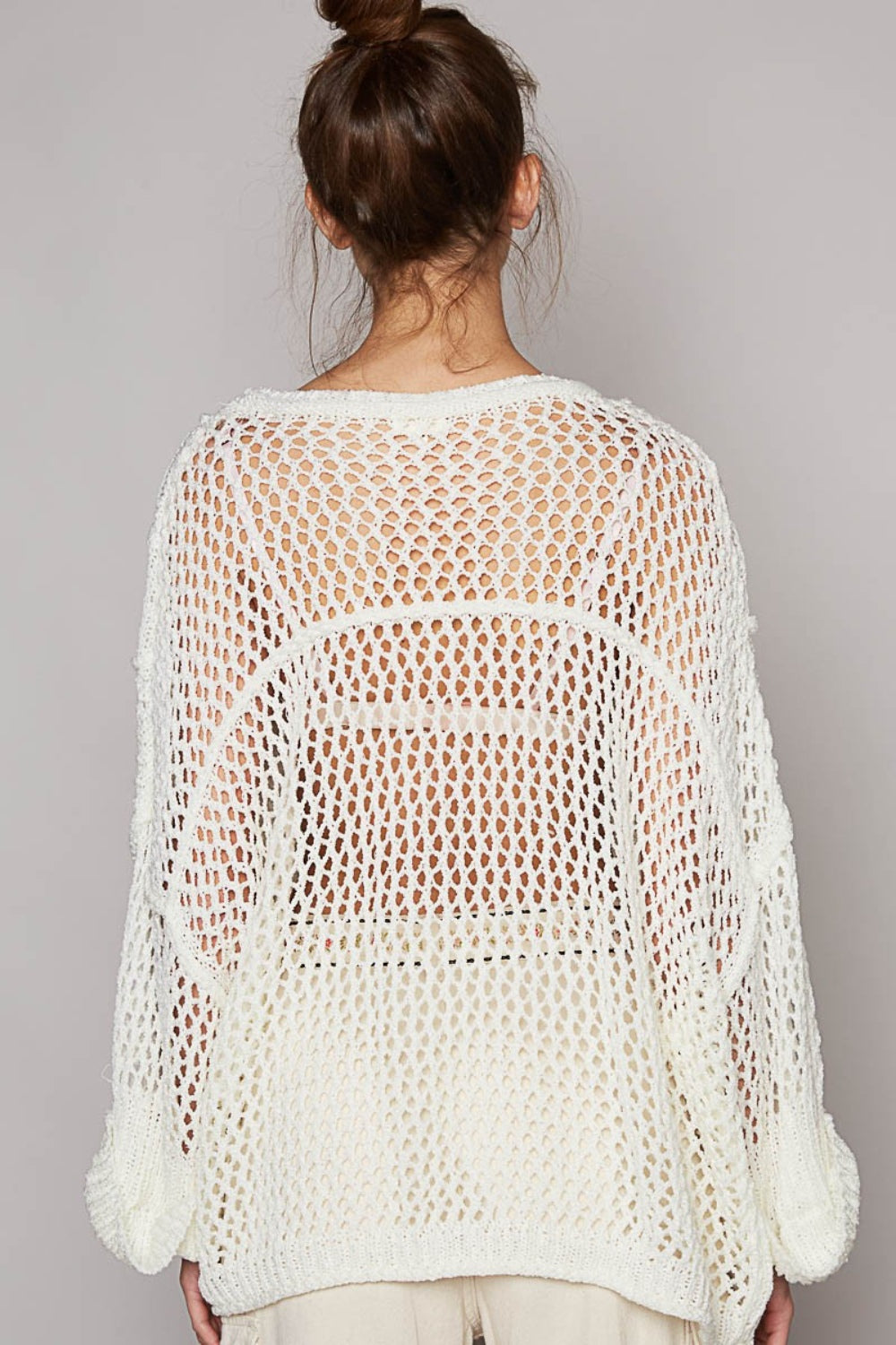 White Crochet Openwork Long Sleeve Knit Cover Up