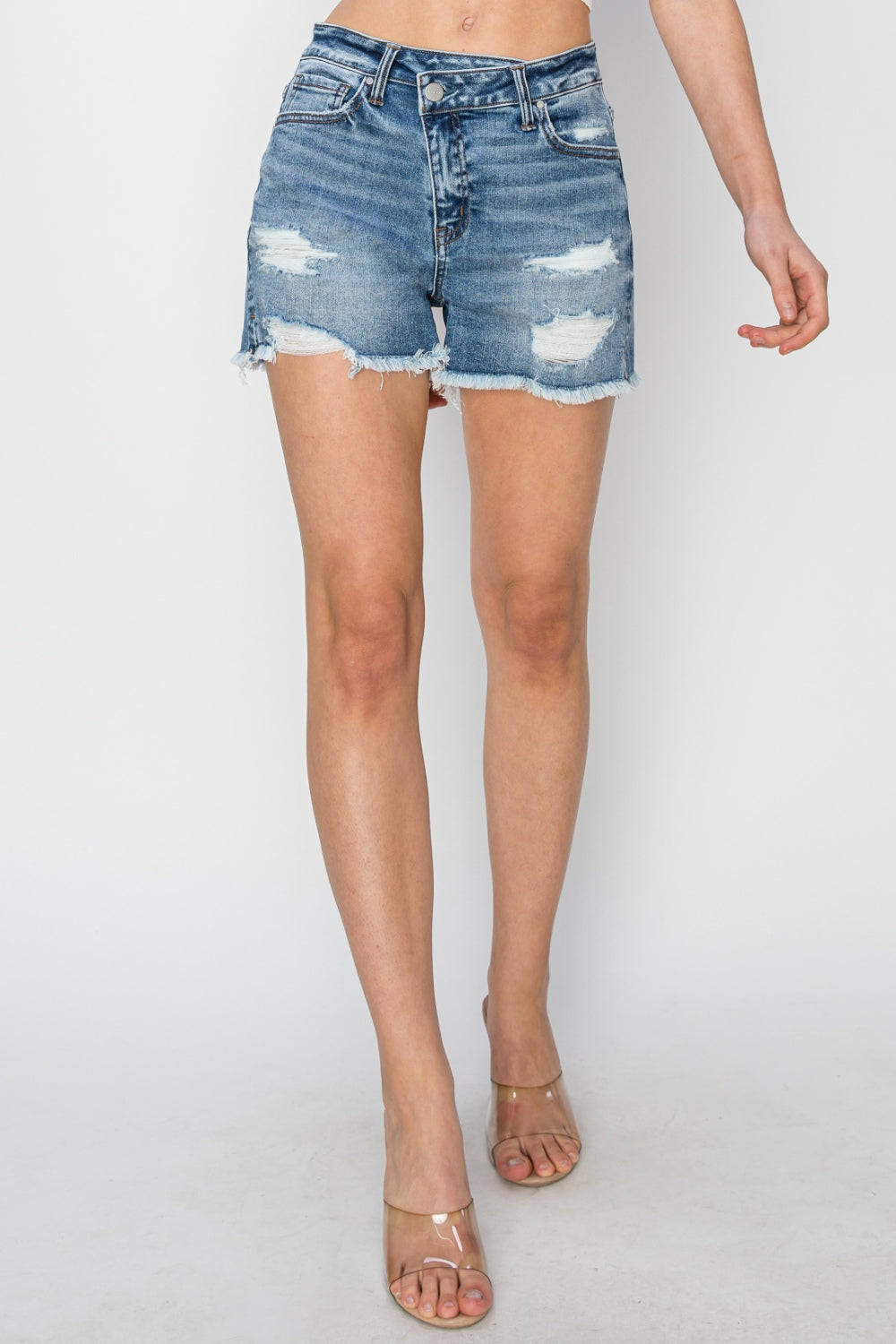 KESLEY Blue Denim Shorts Stepped Waist Frayed Cotton Jean Shorts Women's Fashion