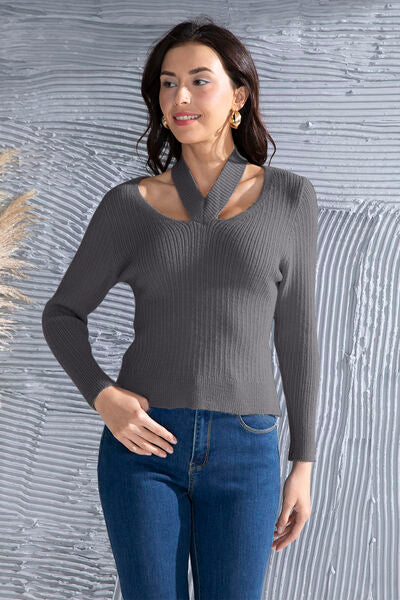 Sweaters, Sweater, Long Sleeve Top, halter top, long sleeve, grey top, Women’s fashion, women’s clothing, cute clothes, women’s clothes, comfortable women’s clothing, outfit ideas