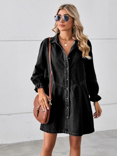 Long Sleeve Short Denim Dress Casual Women's fashion Button Up Flounce Sleeve Mini Denim Dress